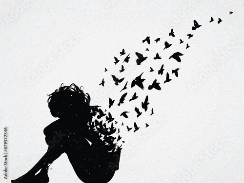 Lonely sitting man. Depressed person. Death and afterlife. Flying bird