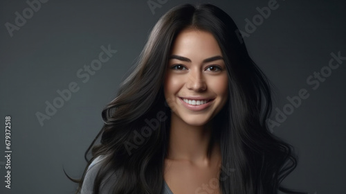 Gleeful young woman with lustrous long hair and a captivating smile, dressed in casual