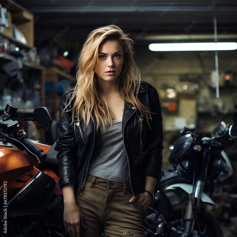 confident female on a motorbike in a garage, candid shot confident female on a motorbike in a garage, candid shot