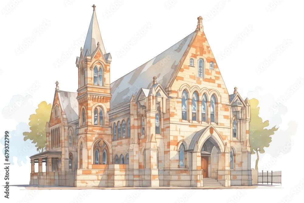 side profile of a gothic revival university building in stone, magazine style illustration