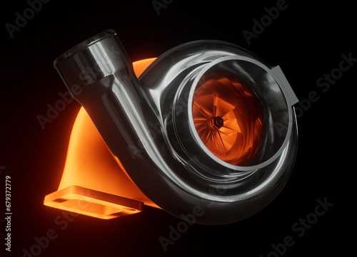 Glowing Hot 3D Turbocharger Render Over Black Background