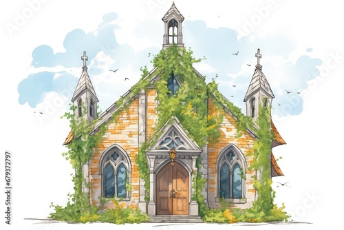 ivy-covered gothic revival stone building in summer, magazine style illustration