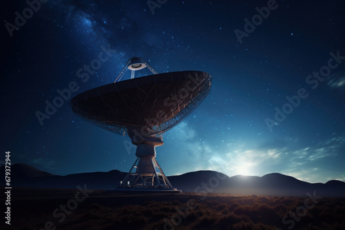 Giant radio telescope scans starry sky at dusk
