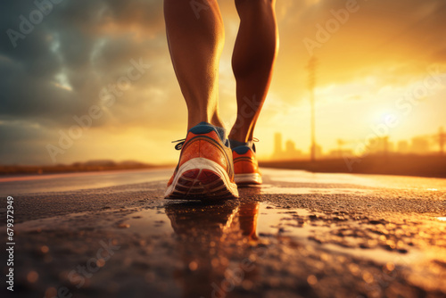 Close-up shot from behind of man's legs wearing sneakers backlit by rising sun. Athlete running along the morning city street. Everyday morning jog, healthy lifestyle in urban environment.