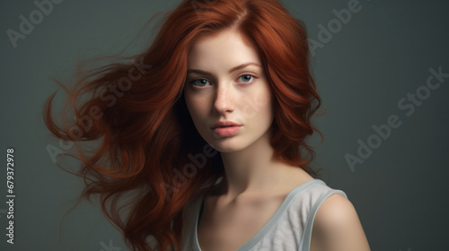 Serene red-haired woman with a subtle gaze, her flowing hair exudes grace