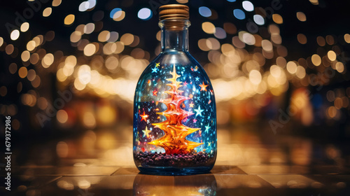 Glass bottle with christmas tree on the background of bokeh lights. New Year concept. Magic bottle with christmas tree inside and blurred lights in the background. 