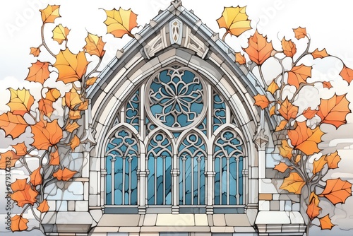 detail shot of stone tracery on gothic revival building, magazine style illustration