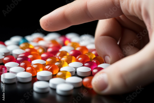 Male hand taking pill from pile of scattered colorful tablets and capsules on black background. Medical treatment with medicine, drug addiction, overdose