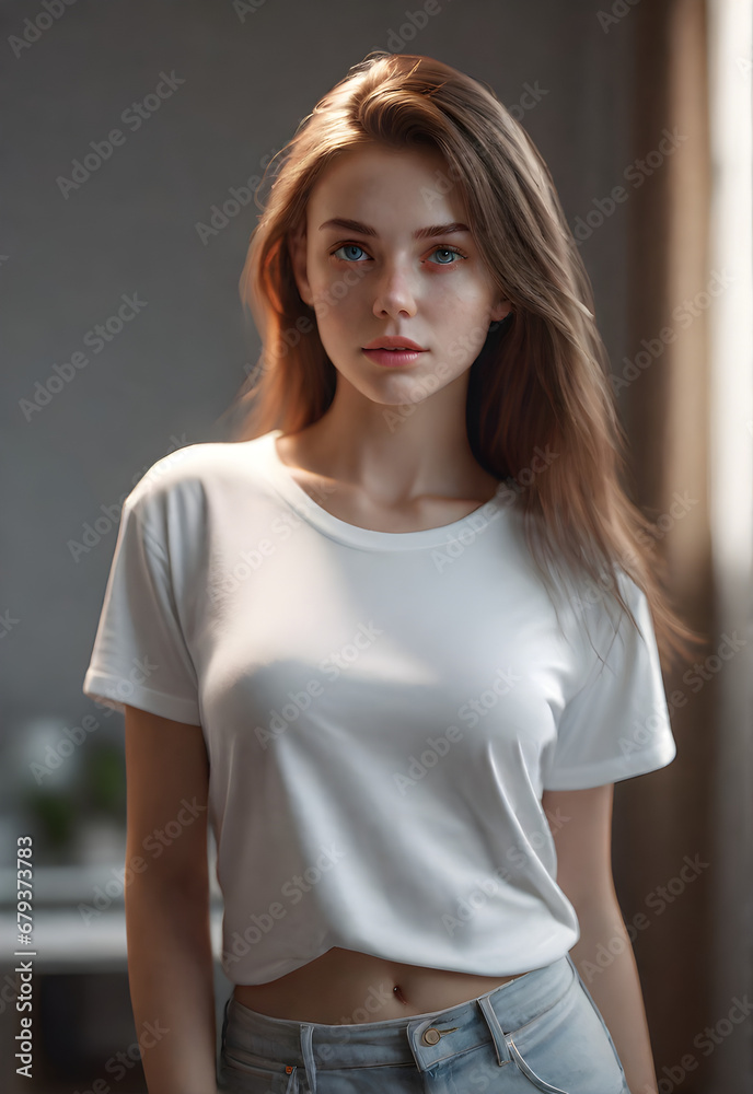 Fototapeta premium Mockup fashion teenage woman with short hair wearing blank large cotton white t-shirt, narrow crew neck, renaissance building background and grapes with bokeh effect