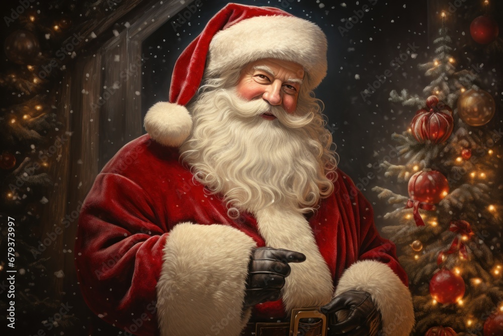 Santa Claus sitting in a christmas tree with presents. Santa Claus sitting in a christmas tree with presents.