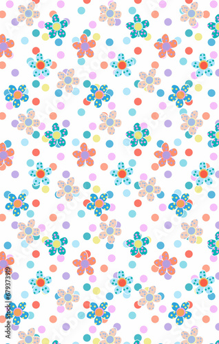 70s Retro Floral Daisies and Dots White