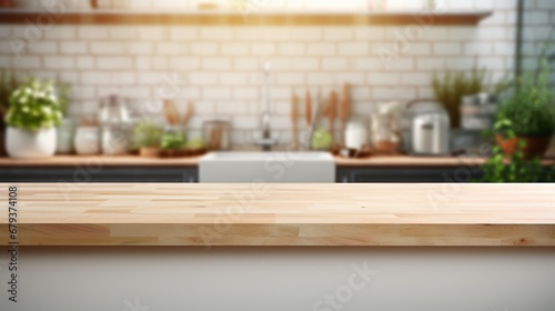 A luminous image showcasing an empty Podium elegantly placed in front of a blurred Kitchen background for product display © SardarMuhammad