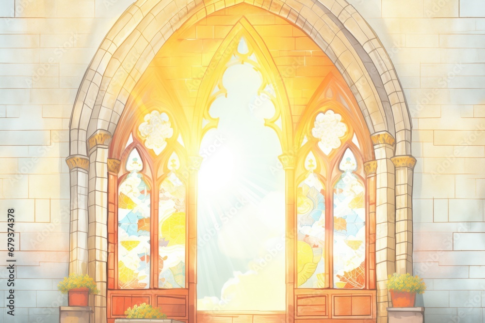 sunbeams diffused through pointed arch window in a gothic chapel, magazine style illustration