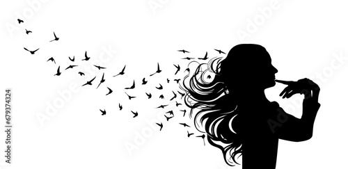 Black silhouette portrait of a pretty girl with birds flying from her head - thoughts, emotions or psychology concept. hand drawing. Not AI. Vector illustration