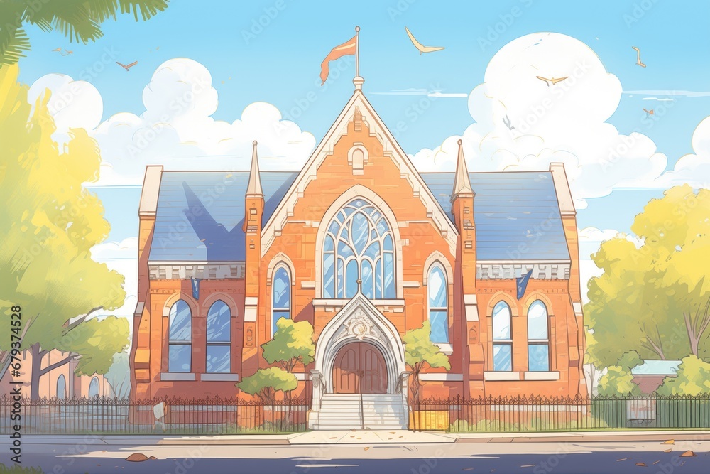 the exterior of a gothic revival public library, magazine style illustration