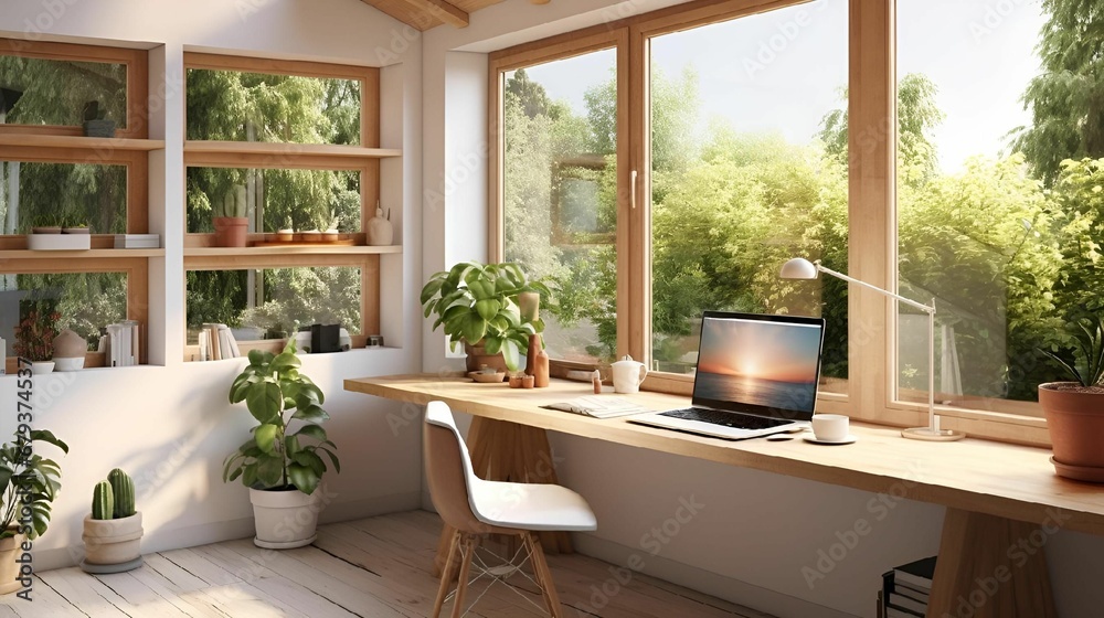 Fototapeta premium AI generated illustration of a cozy workspace with natural accents