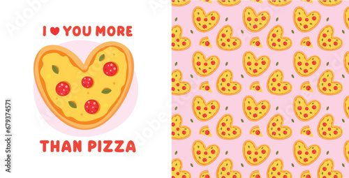 Card at 14 february. Heart pizza illustration with text: I love you more than pizza.