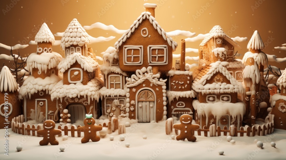 gingerbread house, with men and Christmas trees, cookies covered with sweet glaze, banner