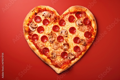 heart shaped pizza on red background, valentine day concept © KirKam