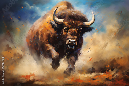 Big angry bison. Oil painting in impressionism style.