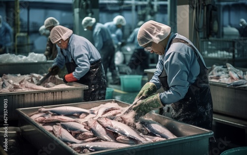 Fishermen are sorting fresh tuna fish in a seafood factory.