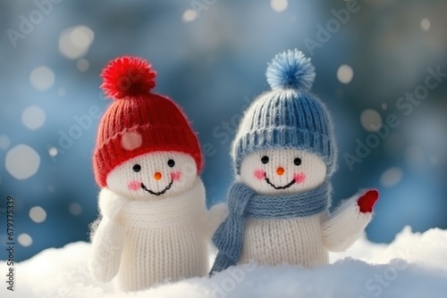 smiling finger people, couple in winter landscape, hello winter, couple in love in red hat over snow background © Оксана Олейник