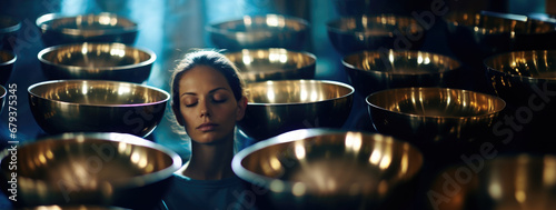 Harmonic Bliss: A woman immersed in the soothing sounds of singing bowls, experiencing a symphony of relaxation that brings mental tranquility photo
