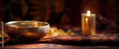 Tranquil Sound Waves: Witness the tranquility as an Indian singing bowl releases soothing sound waves, offering calmness and healing to the soul, banner photo