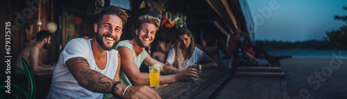 Friends partying together. Two guys sitting in a bar counter close to the beach. Cold drinks served at a summer party. Extra wide banner format image.