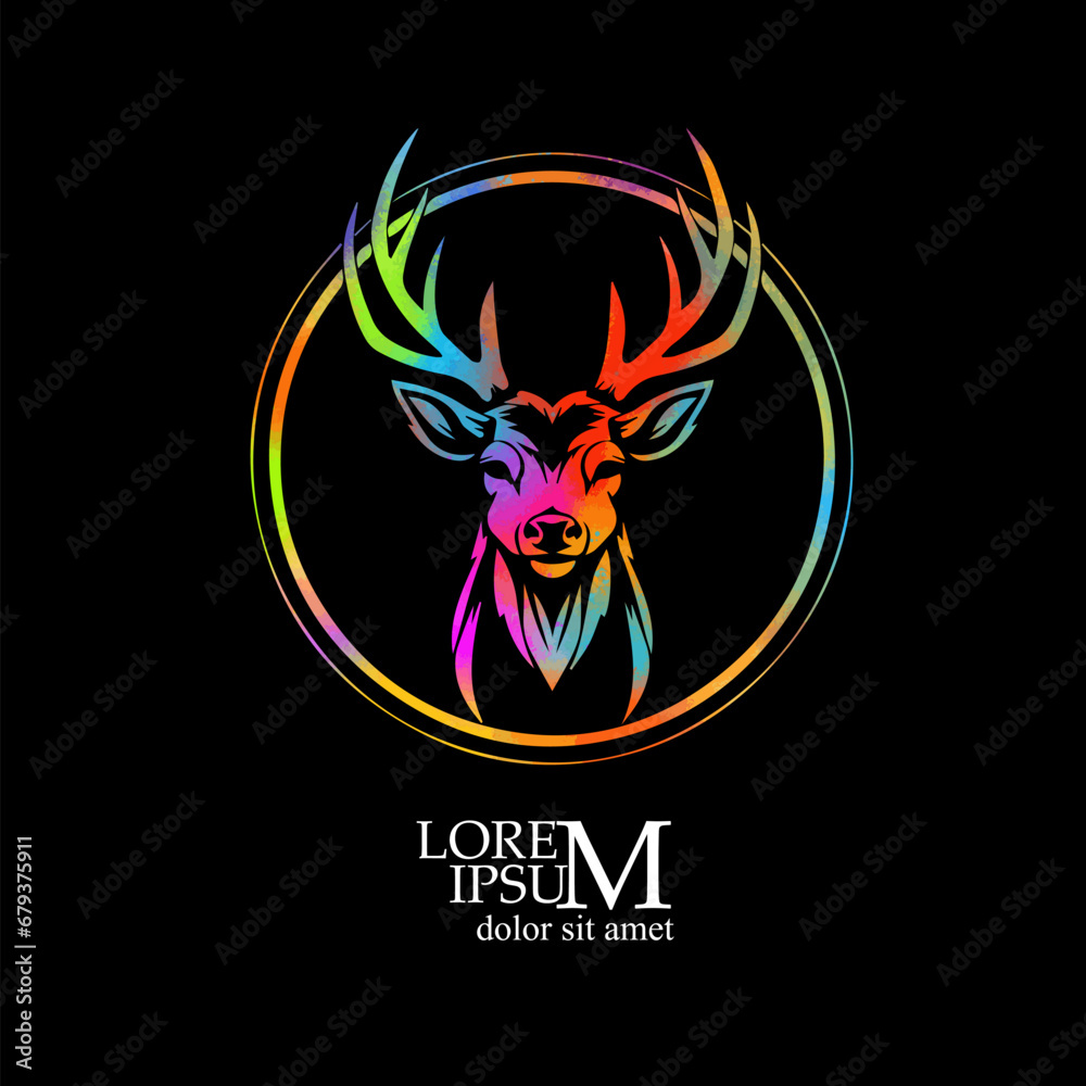 Deer head colored logo in a circle. hand drawing. Not AI, Vector illustration