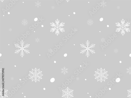 Winter snowfall background. Seamless pattern of white snowflakes on gray. Cold weather season. Christmas holiday illustration