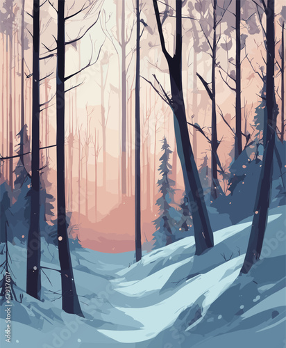 Beautiful winter landscape of forest and mountains. Snow covered mountains, forest, trees, snowdrifts and amazing night sky with stars and clouds. Christmas Eve