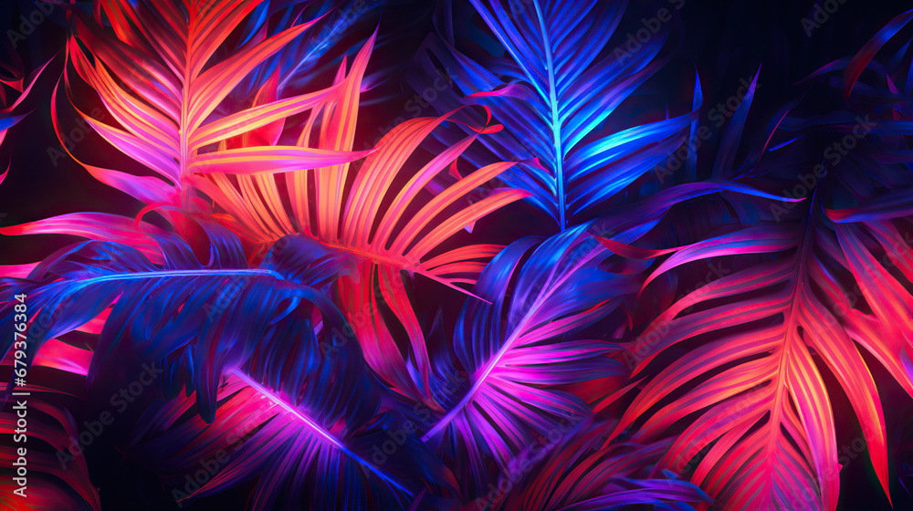 neon light square tropical leaves
 abstract fractal background