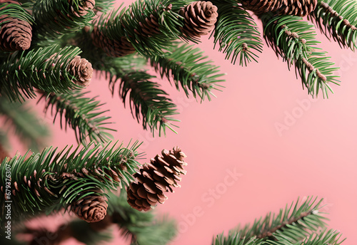 Christmas composition. Christmas fir tree branches  gifts  pine cones on wooden white rustic background. Flat lay  top view. Copy space. Banner backdrop.