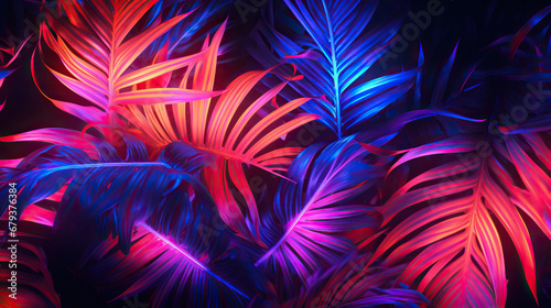 neon light square tropical leaves  abstract fractal background