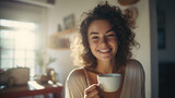 Portrait of joyful young woman enjoying cup of coffee