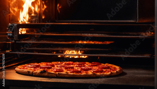 Appetizing pepperoni pizza, fire