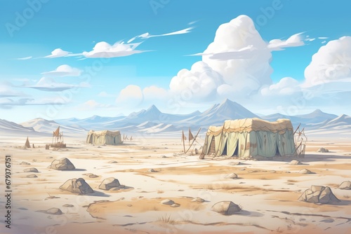 wide shot of a windswept desert with ancient caravanserai photo