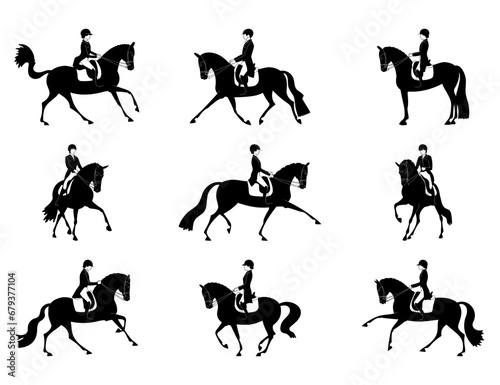 Set of black equestrian dressage silhouettes. Vector illustration isolated on white