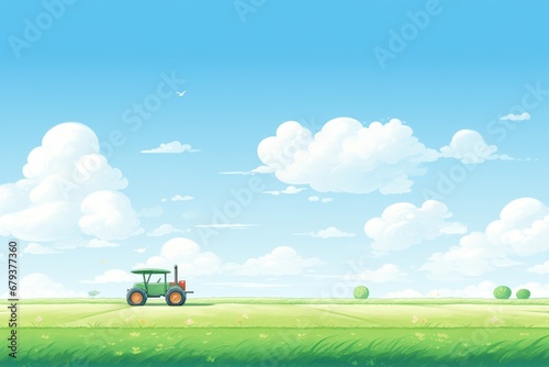 a farming tractor plowing green fields under a clear sky