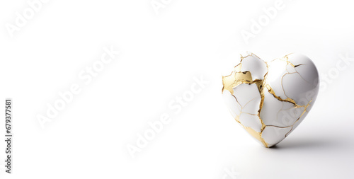 Kintsugi Upcycled white porcelain ceramic heart with golden cracks details. Kintsugi kintsukuroi golden repair is the Japanese art of repairing broken pottery photo