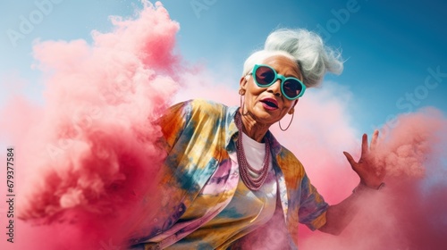Joyful modern hipster senior elderly woman in stylish sunglasses and vibrant clorhes dancing on colorful smoke background, positivity and confidence of senior women. Ageless style and beauty