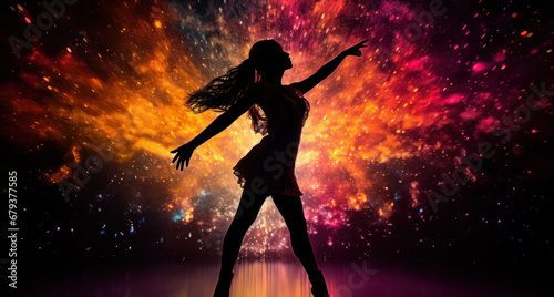 Silhouette of a woman dancing against cosmic backdrop of fiery nebulas and stardust. Concept of mystical spiritual dance, freedom, energy and mystery. dance rhythm of soul spirit