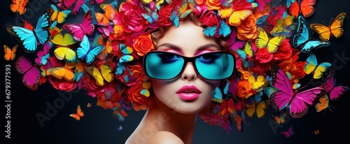 Fashion model with turquoise sunglasses with vivid butterflies and flowers in hair. Concept of fashion, surrealism, natures beauty, spring renewal, and feminine mystique.