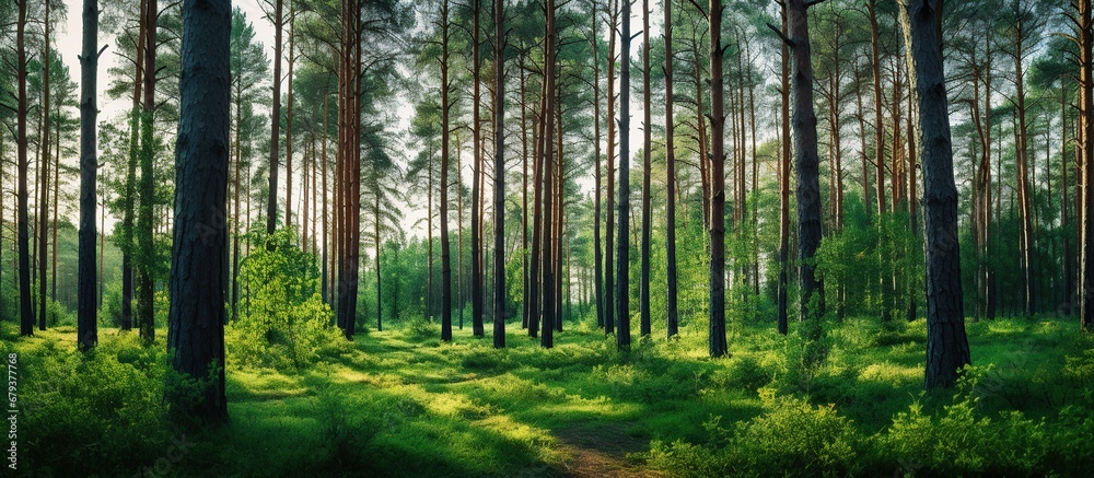 Beautiful summer in the green pine trees forest. AI generated image Beautiful summer in the green pine trees forest. AI generated image