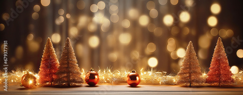 fondo navideño decorado con pequeños árboles de navidad y bolas, con fondo dorado desenfocado photo