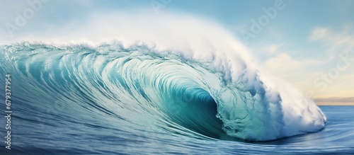 Beautiful sea waves for surfing with foam of blue and turquoise color with clear sky. © orendesain99