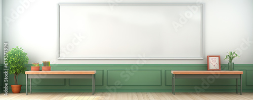 Empty classroom with green chalkboard background. © Michal