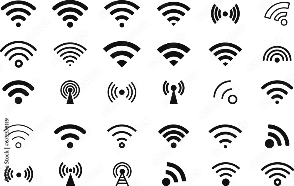 WIFI signal collection. Wireless internet symbol. Set of sign for connect of network. Bar of satellites for mobile, radio, computer. Hotspot, strength electronic wave from antenna for communication. V - obrazy, fototapety, plakaty 
