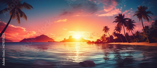Beautiful tropical beach with palm tree on sunset view. AI generated image